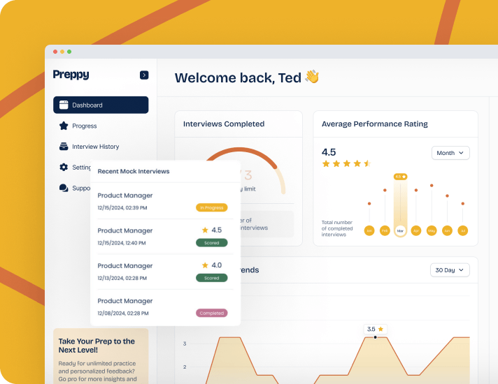 Preppy dashboard displaying mock interview sessions with completion status and performance ratings, emphasizing flexibility for practice on any schedule.